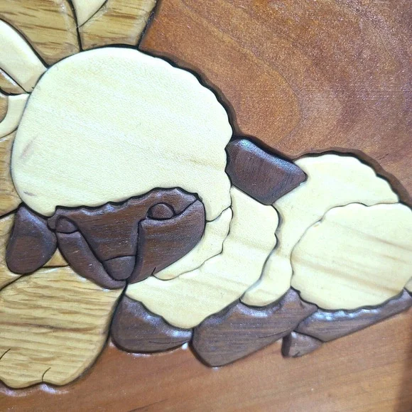 Lamb and Lion Manger Nativity Carved Wood Decor Holiday Winter